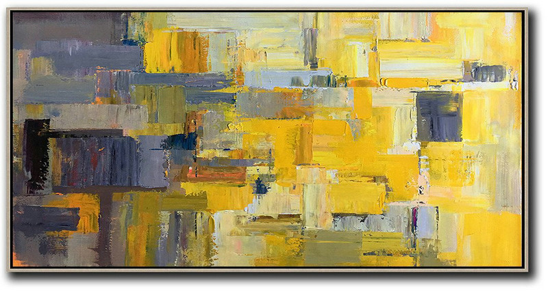 Horizontal Palette Knife Contemporary Art Panoramic Canvas Painting,Custom Canvas Wall Art,Yellow,Grey,Brown,White